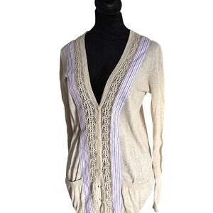 Women's Anthropologie Field Flower Long Cardigan Boho Striped Knit Lace SZ M